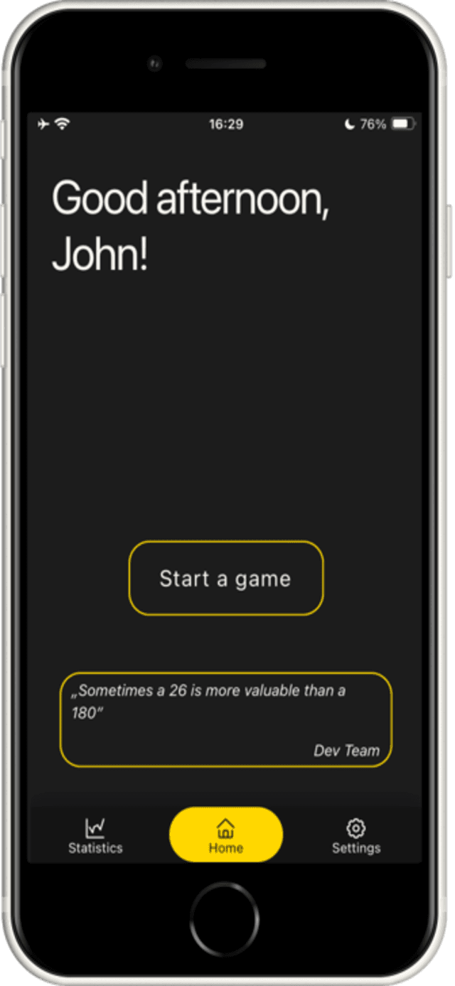 DartsZone app main homescreen with simple design
